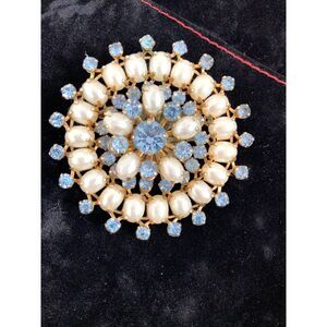 Vintage Skye Blue Rhinestone and Seed Pearl Like Brooch Size 2" x 2" x .25"